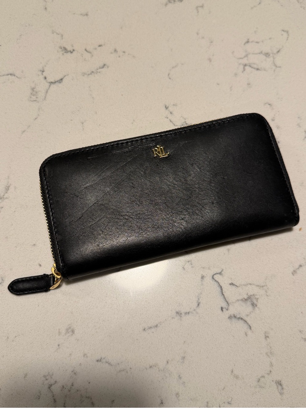 Ralph Lauren Continental Black Leather Zip Wallet Gold RL Logo